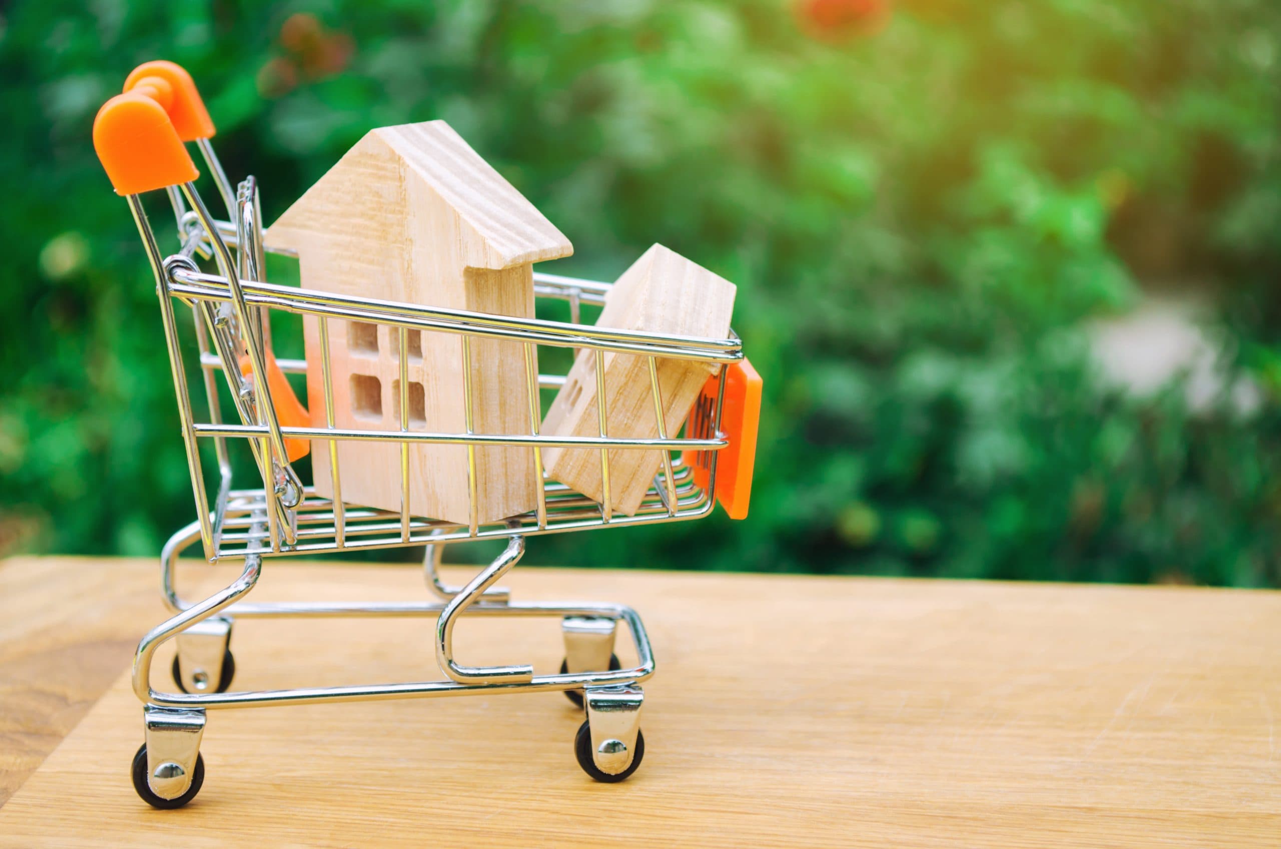 Shopping cart with wooden houses